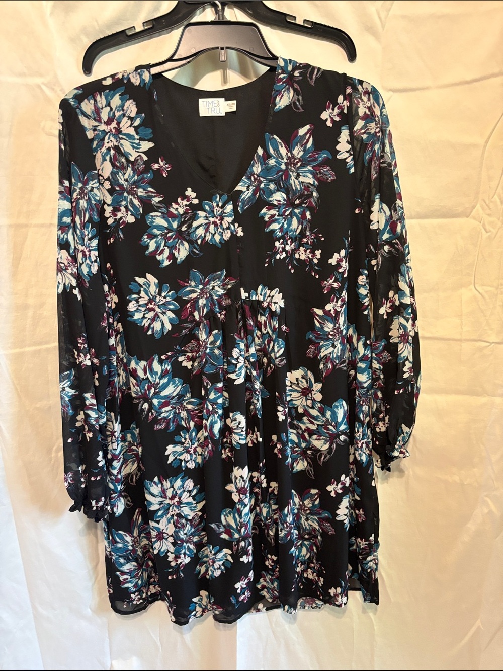Time and Tru Black Dress with Multicolor Floral Trim, lined. Sheer overlay.
